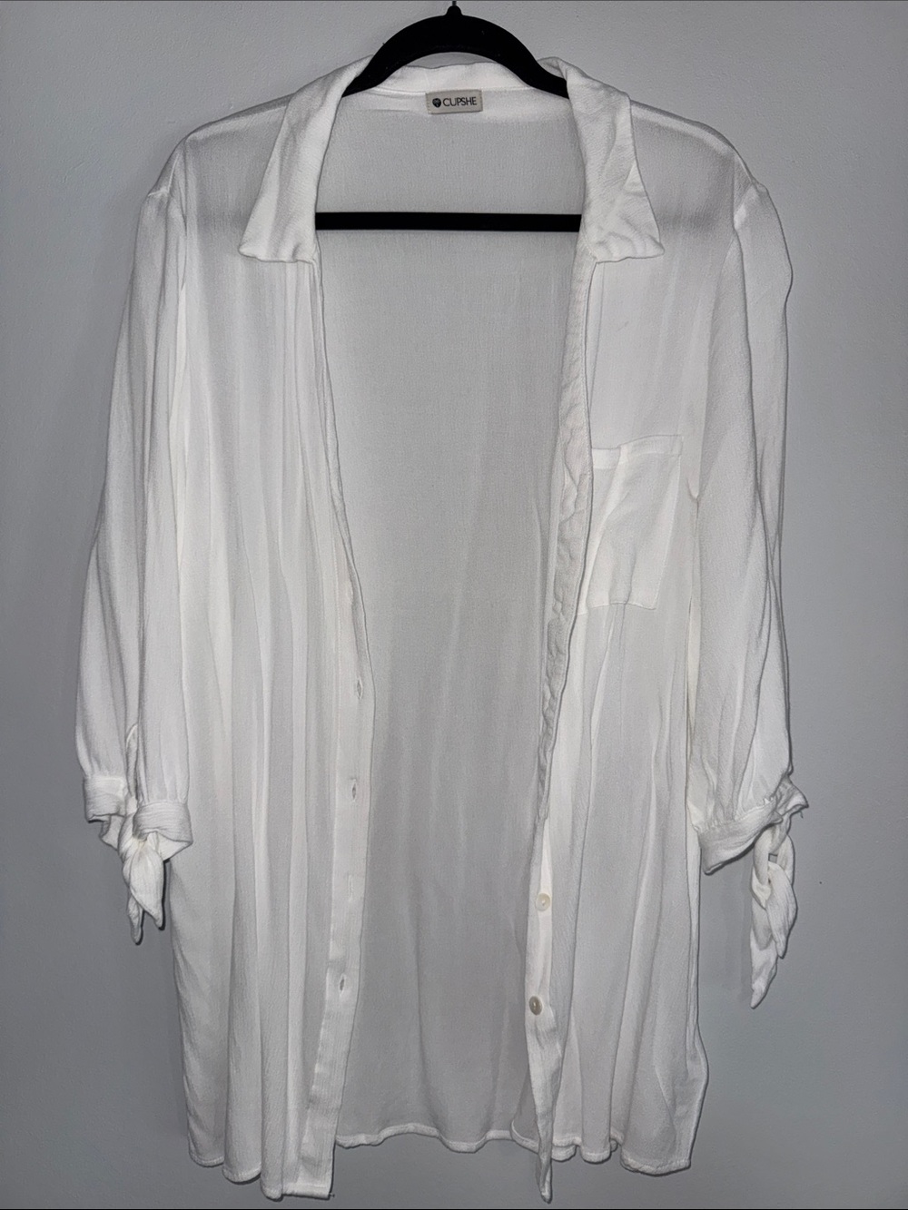 Cupshe White Sheer Tie-Sleeve Button Front Shirt